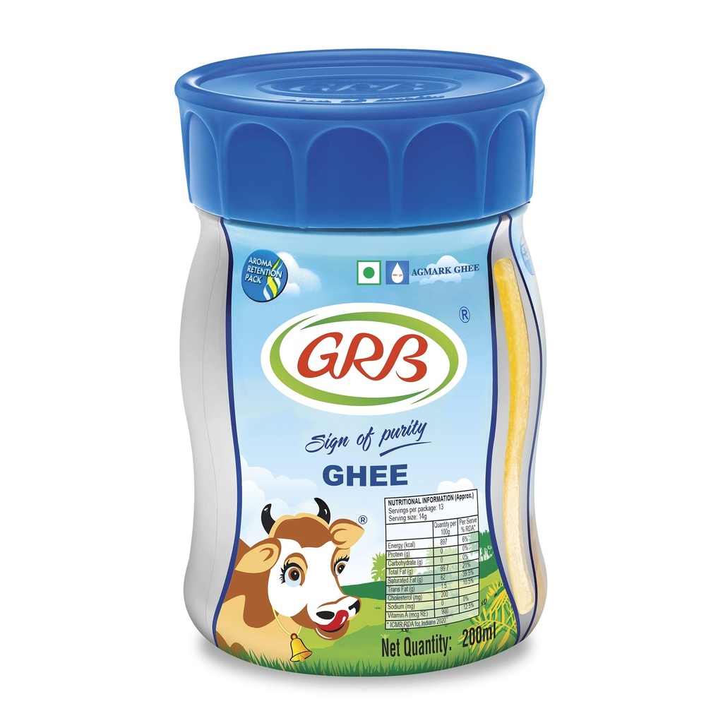 Grb Cow Ghee - Pure Desi Ghee Clarified Butter From 100% Cow’S Milk, Traditional Granular Texture & Rich Natural Aroma, Everyday Cooking Ghee, Made In India, 200Ml