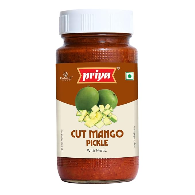 Priya Cut Mango Pickle With Garlic, 300G - Authentic Telugu Style Aam Achar |Traditional South Indian Taste| Homemade Andhra Pickles| Tangy And Spicy| With Mango Pieces & Mixed Spices | Glass Jar