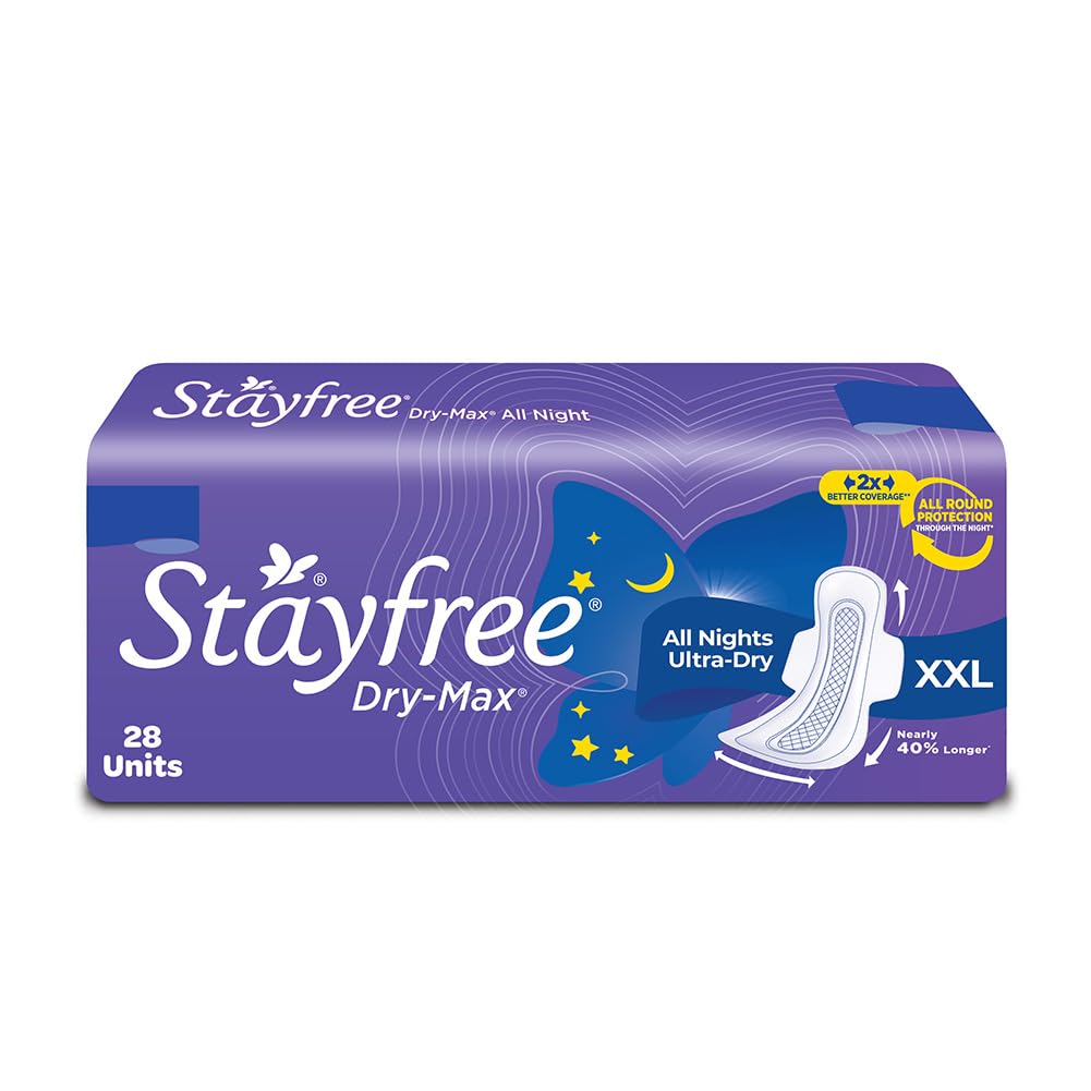 Stayfree Dry Max All Night Xl Dry Cover Sanitary Pads For Women With Wings, 28 Pads