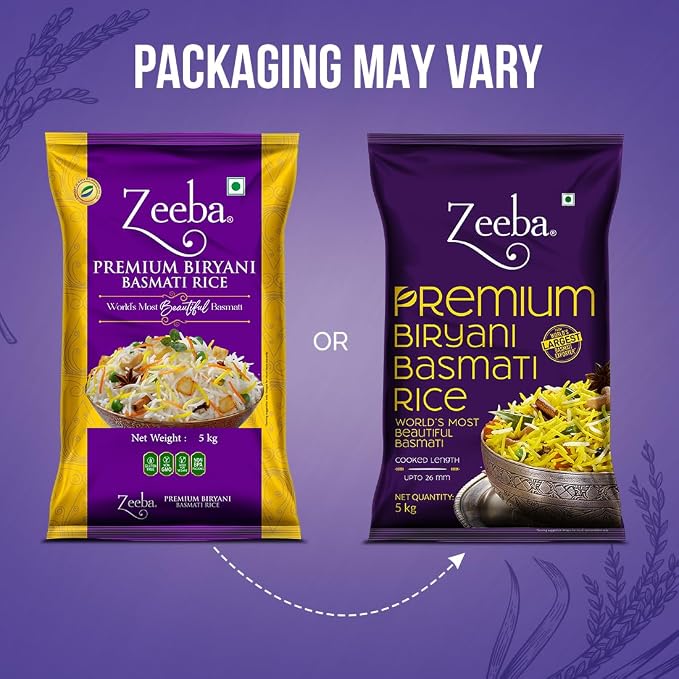 Zeeba Premium Biryani Rice 5 Kg, Chef'S Choice, Restaurant Style, Extra Long Grains (Cooked Length Upto 26Mm*)