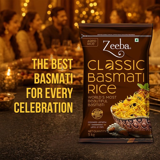 [ZEECLA-00948] Zeeba Classic Basmati Rice 5 Kg, Raw & Naturally Aged For 2 Years, Extra Long Grains (Cooked Length Upto 27Mm*)